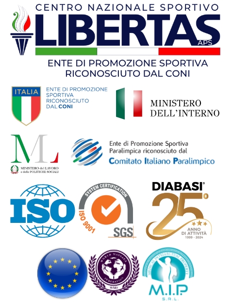 Riconoscimenti ufficiali DIABASI® – scuola di massaggio accreditata da CONI, Ministero dell’Interno, Ministero del Lavoro, ISO 9001, MIP, WMF e LIBERTAS