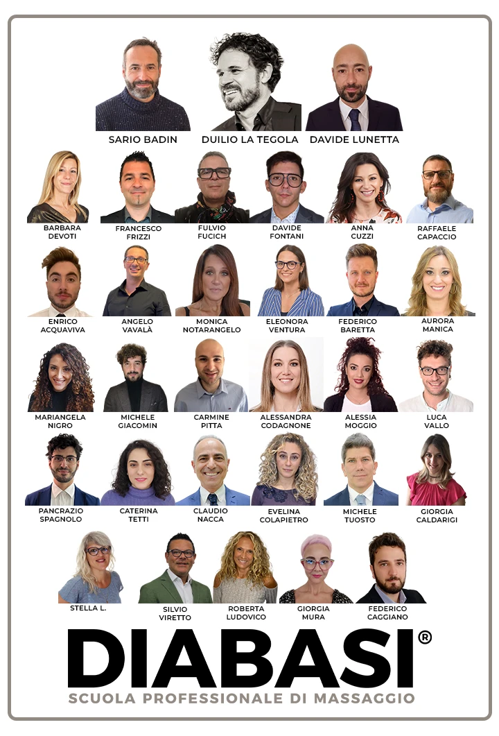 Staff DIABASI® 2025 – team completo della scuola professionale di massaggio composto da docenti, formatori e collaboratori