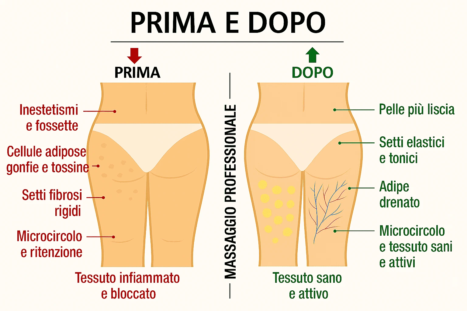 Illustrazione scientifica che confronta il tessuto con cellulite (setti fibrosi retratti e adipe infiammato) con il tessuto sano dopo i trattamenti di massaggio (setti rilassati, microcircolo attivo).