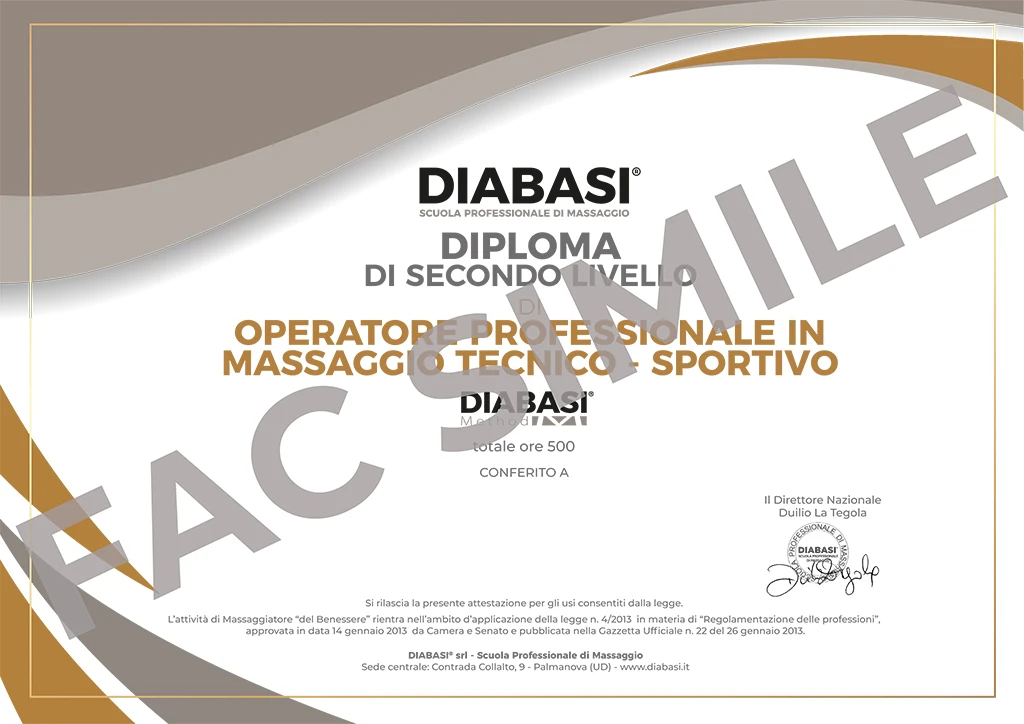 Fac-simile Diploma Diabasi Operatore Massaggio Tecnico-Sportivo 500 ore