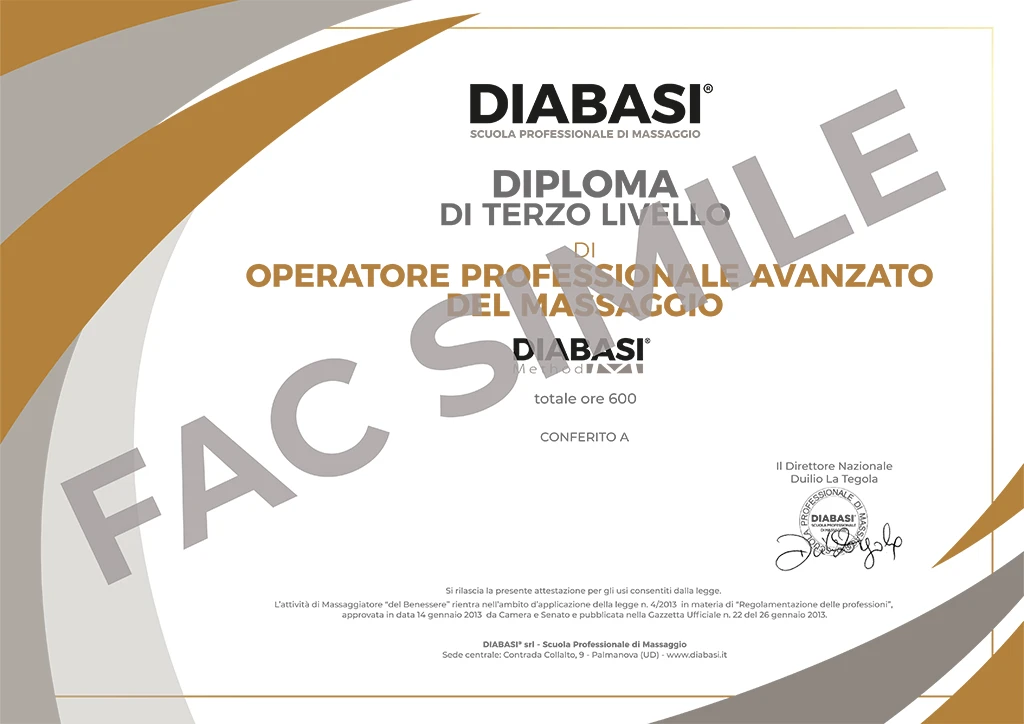 Fac-simile Diploma Diabasi Operatore Professionale Avanzato del Massaggio 600 ore
