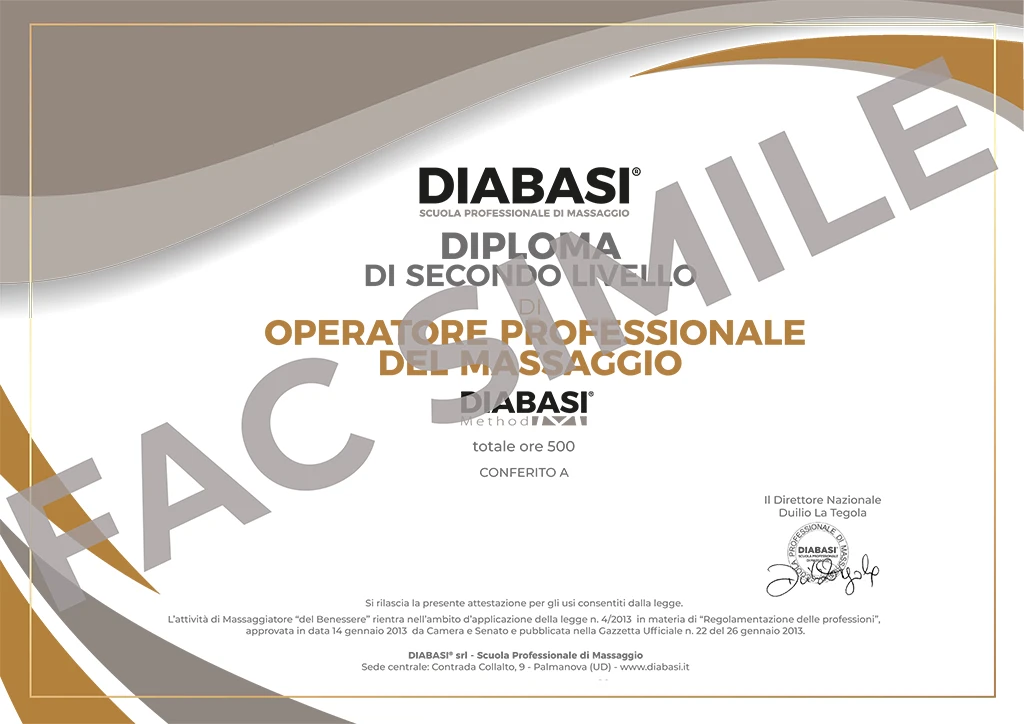 Fac-simile Diploma Diabasi Operatore Professionale del Massaggio 500 ore