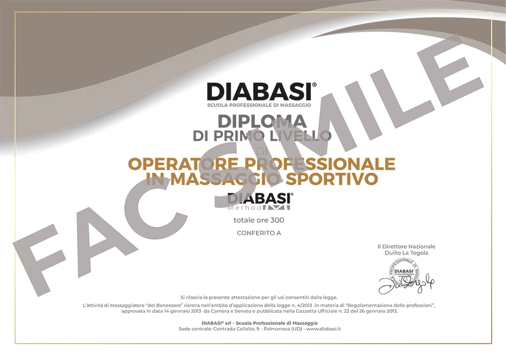 Fac-simile Diploma Diabasi Operatore Professionale Massaggio Sportivo 300 ore