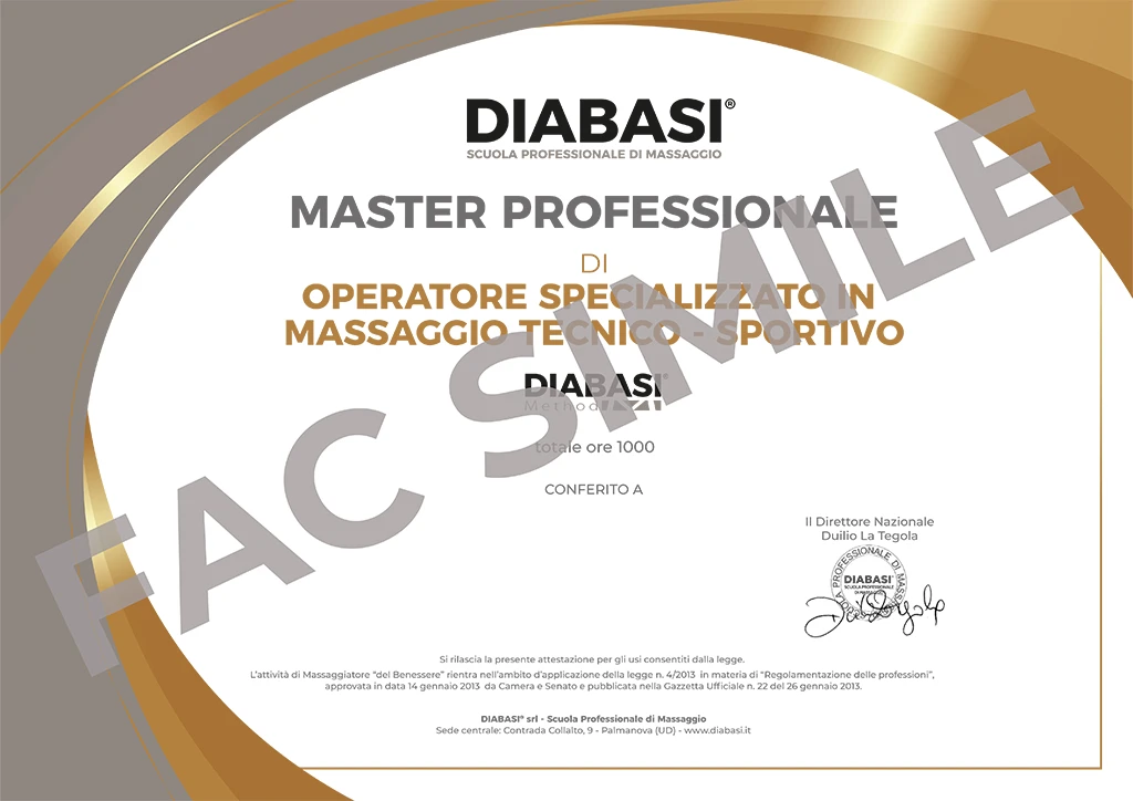 Fac-simile Diploma Master Massaggio Tecnico-Sportivo Diabasi 1000 ore
