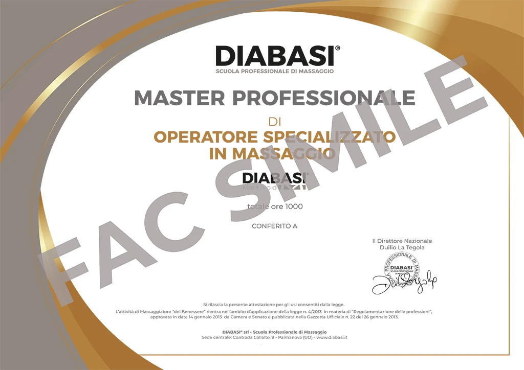 Fac-simile Diploma Master Operatore Specializzato in Massaggio Diabasi 1000 ore
