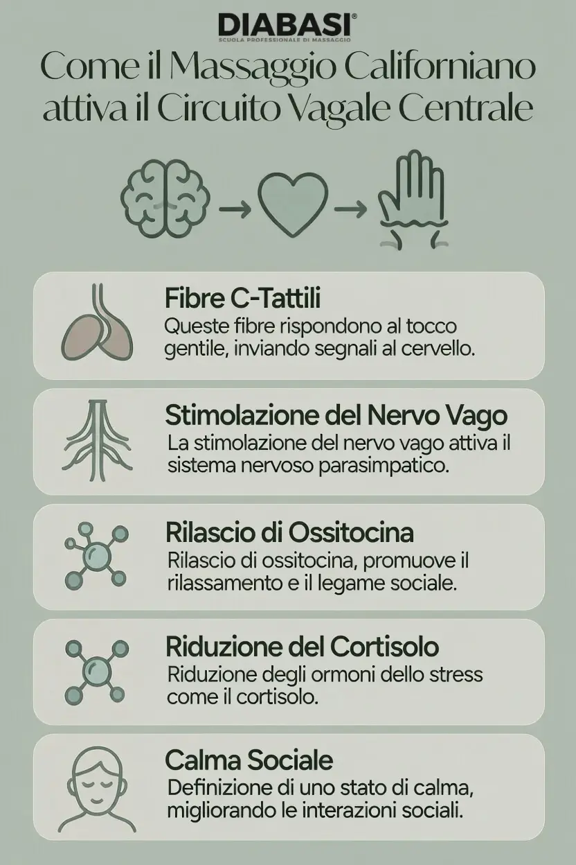 Infografica: come il massaggio californiano attiva il circuito vagale centrale attraverso fibre C-tattili, stimolazione del nervo vago, rilascio di ossitocina, riduzione del cortisolo e raggiungimento della calma sociale (teoria polivagale) – Metodo Diabasi®