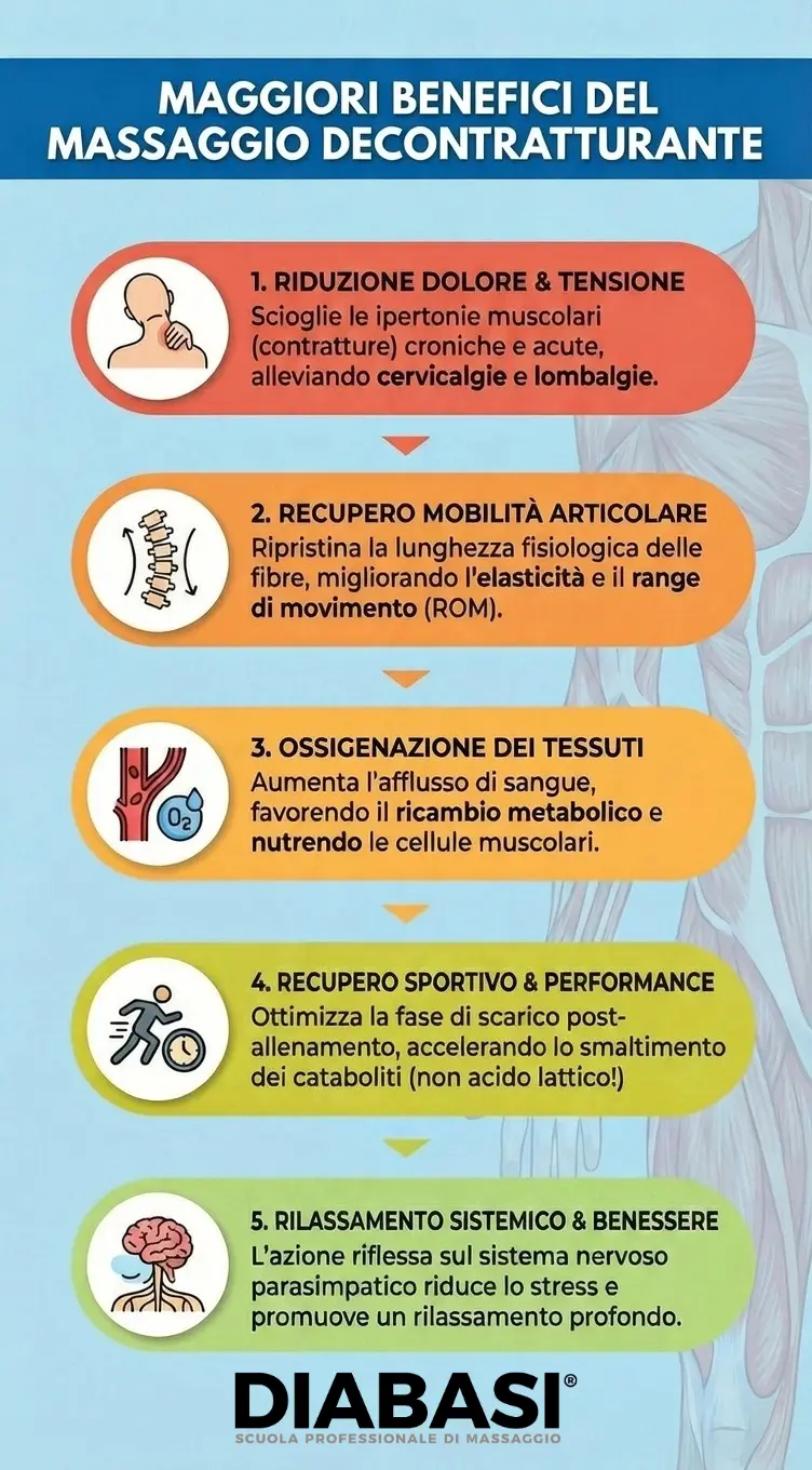 Infografica verticale sui 5 benefici del massaggio decontratturante: riduzione del dolore, recupero mobilità, ossigenazione dei tessuti, performance sportiva e rilassamento.