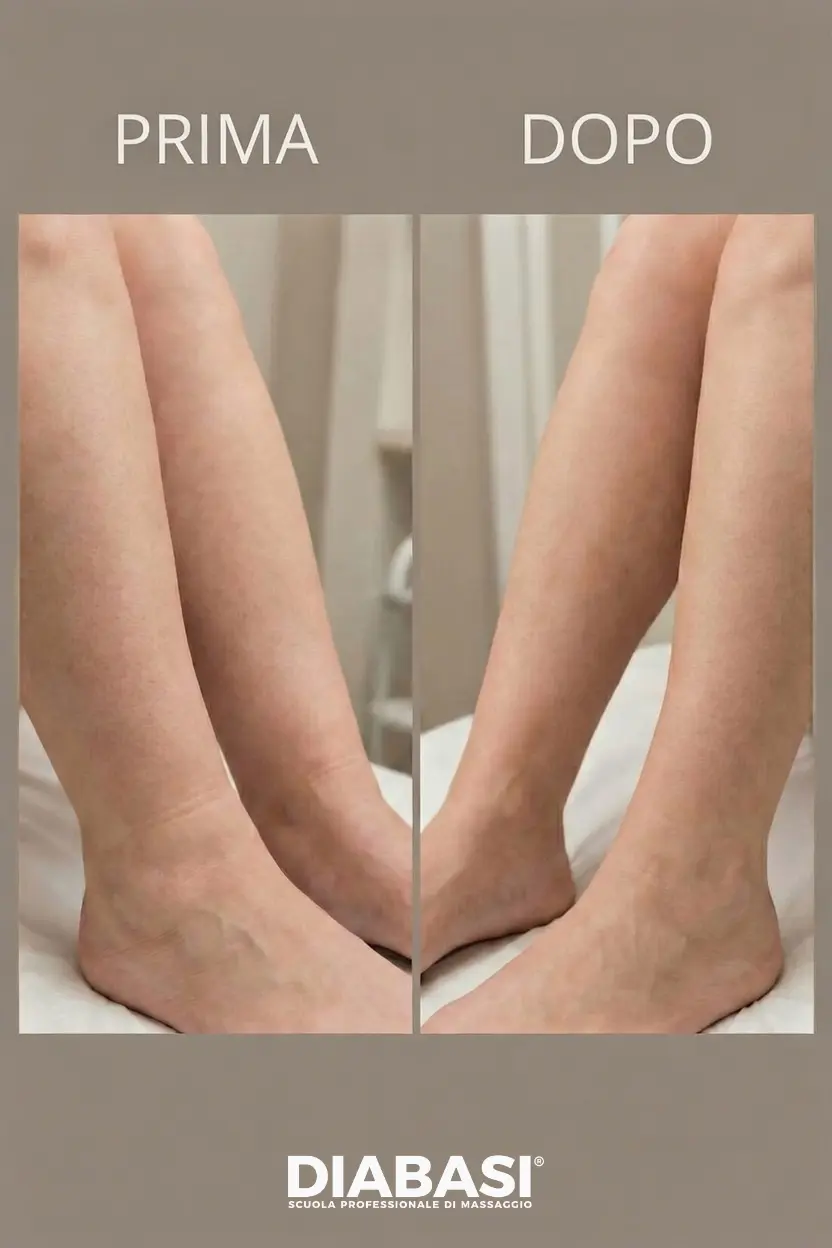 Prima e dopo linfodrenaggio Vodder: riduzione gonfiore e ritenzione idrica alle gambe e caviglie