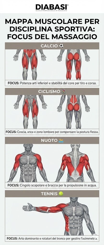 Scuola Professionale di Massaggio Diabasi. Infografica sulla mappa muscolare per disciplina sportiva: focus del massaggio sportivo per calcio, ciclismo, nuoto e tennis.