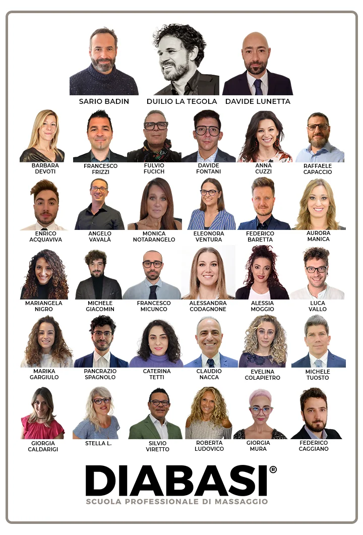 Staff DIABASI® 2026 – team completo della scuola professionale di massaggio composto da docenti, formatori e collaboratori