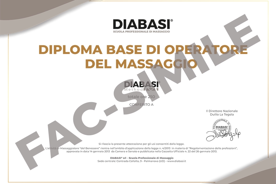Fac-simile del Diploma Base di Operatore del Massaggio rilasciato dalla Scuola Professionale Diabasi.