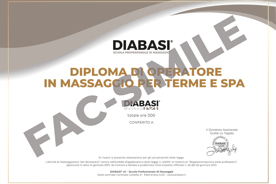 Fac-simile del Diploma di Operatore in Massaggio per Terme e SPA rilasciato dalla Scuola Professionale Diabasi.