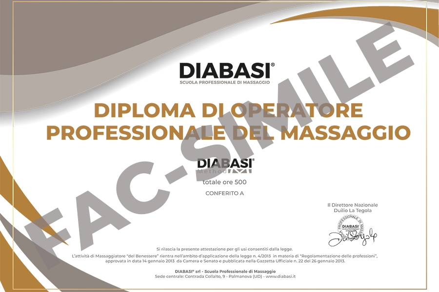 Fac-simile del Diploma di Operatore Professionale del Massaggio rilasciato dalla Scuola Diabasi.