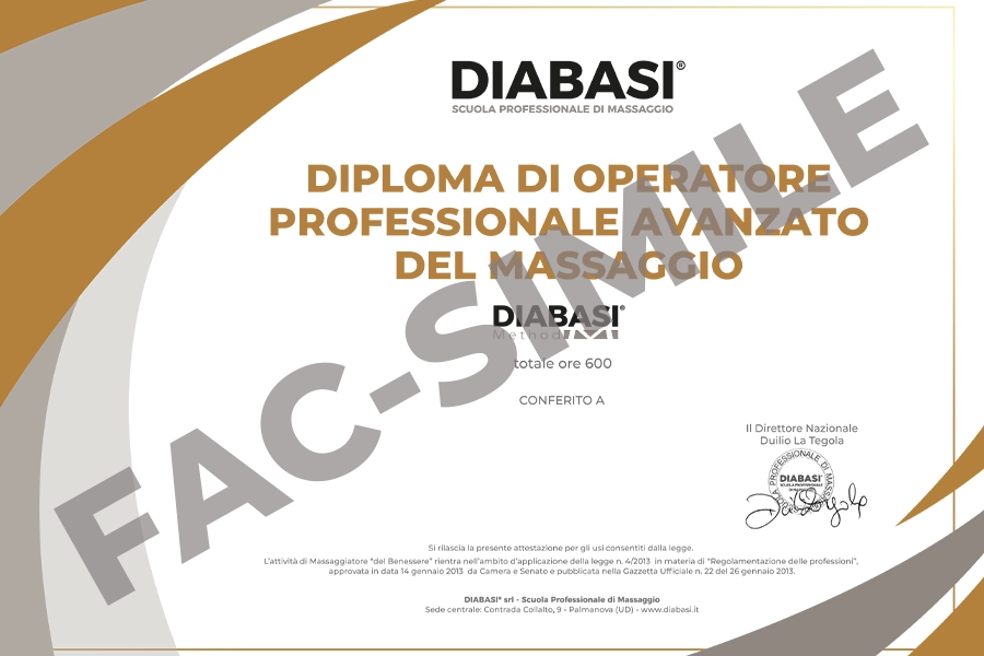 Fac-simile del Diploma di Operatore Professionale Avanzato del Massaggio rilasciato dalla Scuola Diabasi.