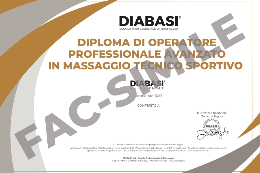 Fac-simile del Diploma di Operatore Professionale Avanzato in Massaggio Tecnico Sportivo rilasciato dalla Scuola Diabasi.