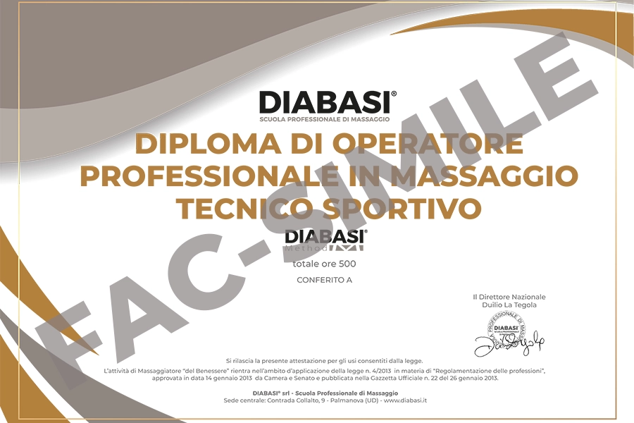 Fac-simile del Diploma di Operatore Professionale in Massaggio Tecnico Sportivo rilasciato dalla Scuola Diabasi.