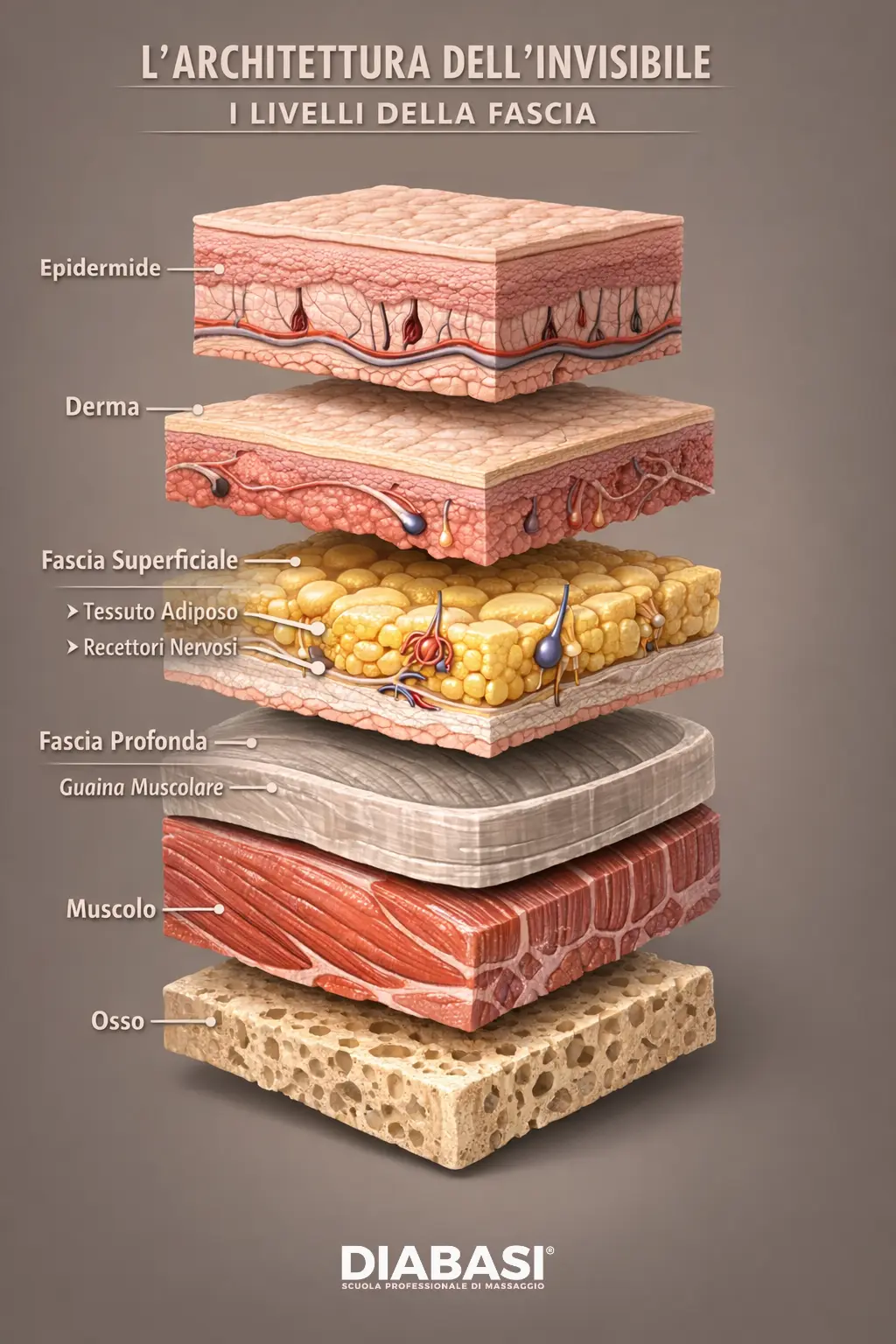 Infografica anatomica che mostra i livelli della fascia e dei tessuti: epidermide, derma, fascia superficiale con tessuto adiposo e recettori nervosi, fascia profonda, guaina muscolare, muscolo e osso. Illustrazione scientifica per spiegare l'azione del massaggio miofasciale. Diabasi.