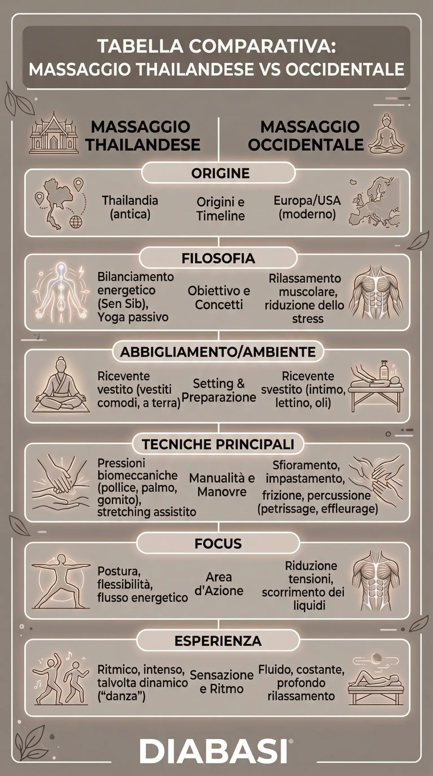 Infografica confronto tra massaggio thailandese e massaggio occidentale con differenze su tecniche, benefici e approccio. Diabasi Scuola Professionale di Massaggio