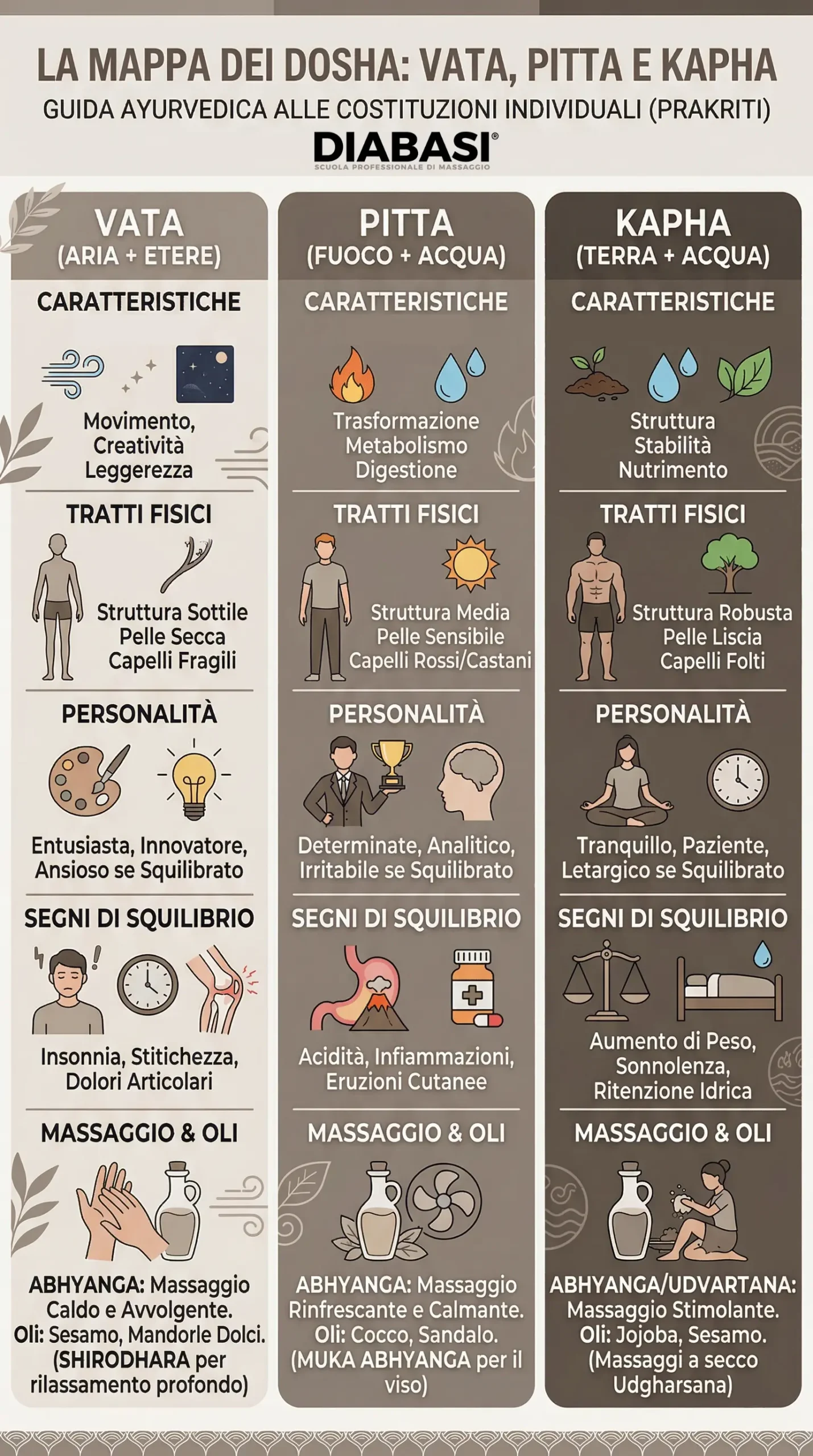 Infografica verticale sulla Mappa dei Dosha che illustra caratteristiche fisiche, tratti della personalità e segni di squilibrio per le costituzioni Vata, Pitta e Kapha. Diabasi Scuola professionale di massaggio.