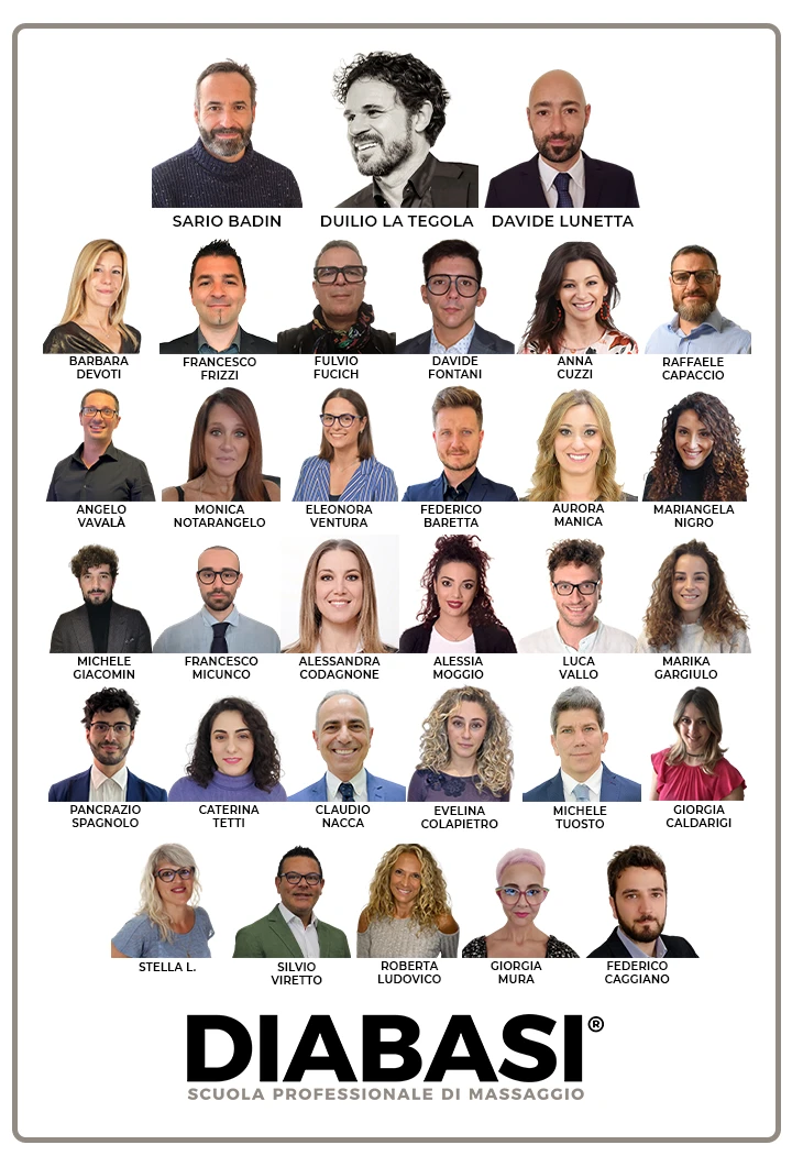 Staff DIABASI® 2026 – team completo della scuola professionale di massaggio composto da docenti, formatori e collaboratori