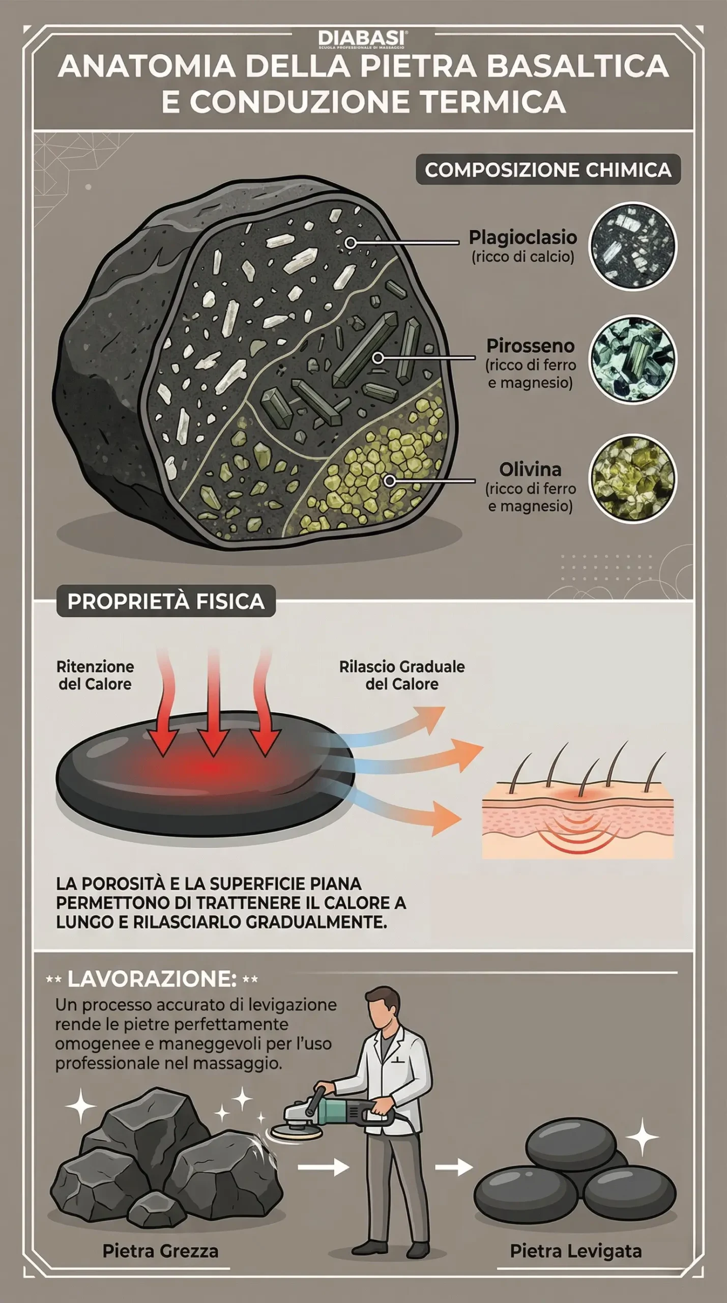 Infografica tecnica dettagliata Metodo DIABASI sull'anatomia della pietra basaltica e conduzione termica per Hot Stone Massage. Mostra la composizione minerale (Plagioclasio, Pirosseno, Olivina), diagrammi di ritenzione e rilascio graduale del calore, confronto con altre pietre, e il processo di lavorazione da pietra grezza a levigata per omogeneità e maneggevolezza. Diabasi Scuola Professionale di Massaggio.