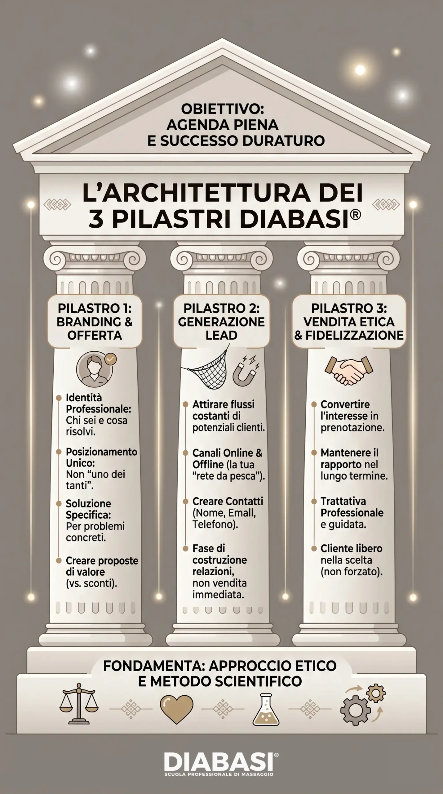 Un'infografica a forma di tempio greco che illustra l'architettura dei 3 pilastri DIABASI per il marketing dei massaggiatori: 1. Branding & Offerta, 2. Generazione Lead, 3. Vendita Etica & Fidelizzazione. L'obiettivo è un'agenda piena e un successo duraturo basato su approccio etico e metodo scientifico.