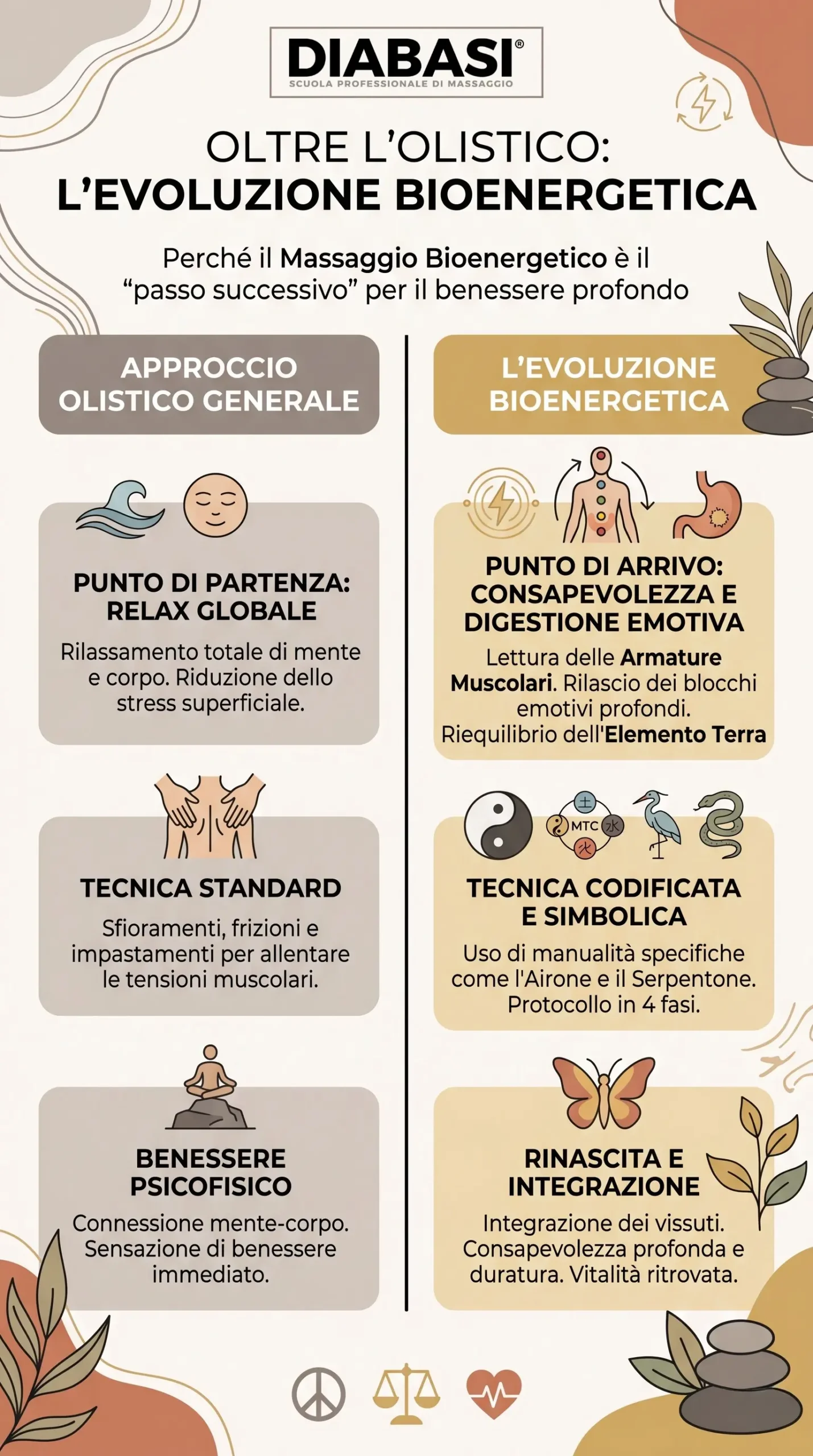 Infografica comparativa tra massaggio olistico generale e l'evoluzione nel massaggio bioenergetico, con focus su rilascio dei blocchi emotivi e riequilibrio dell'elemento Terra. Scuola Professionale di Massaggio Diabasi.