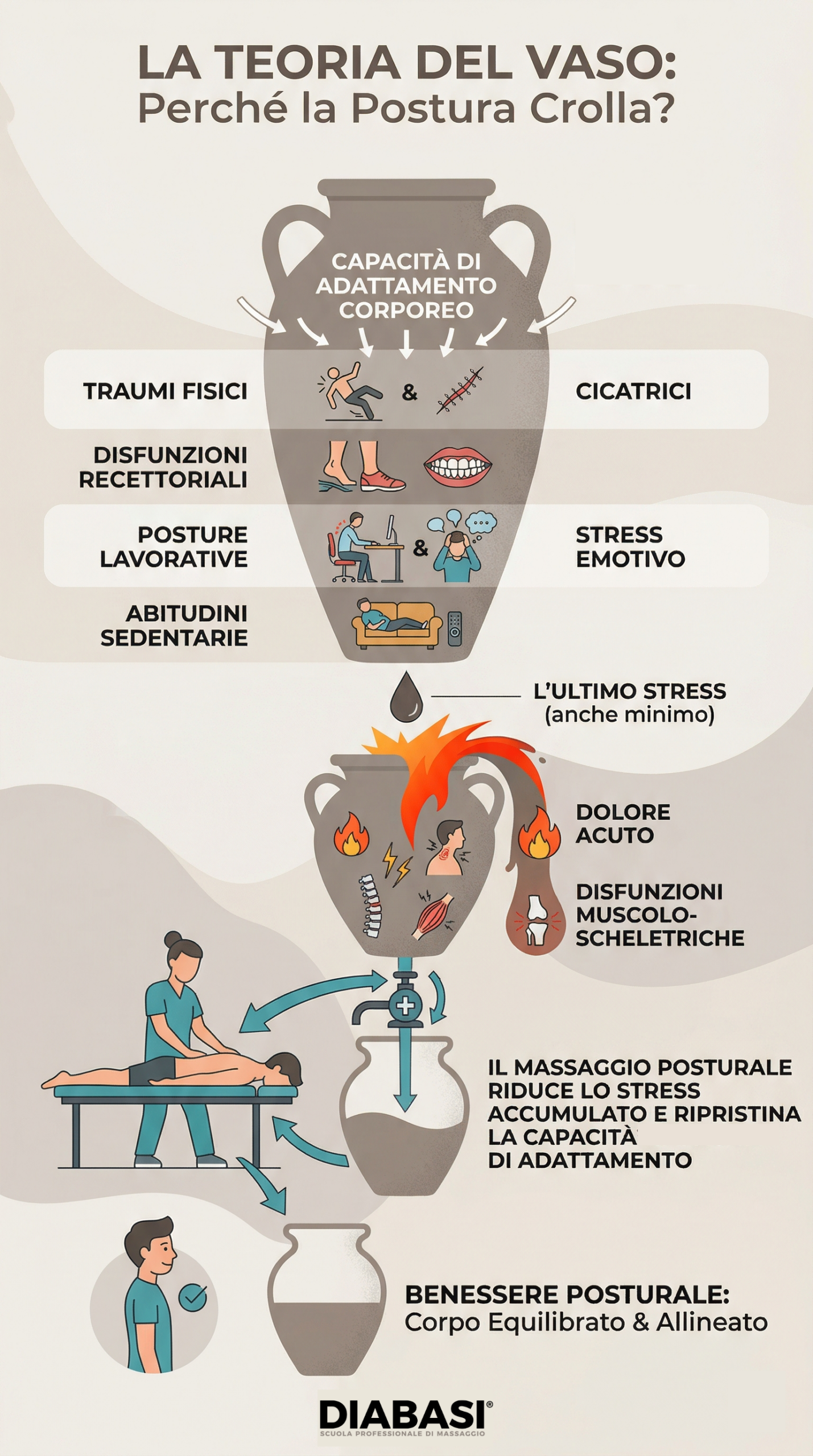 Infografica sulla Teoria del Vaso: schema che illustra come stress, traumi e posture scorrette influenzino la capacità di adattamento del corpo e come il massaggio posturale professionale possa aiutare a ripristinare l'equilibrio biologico.