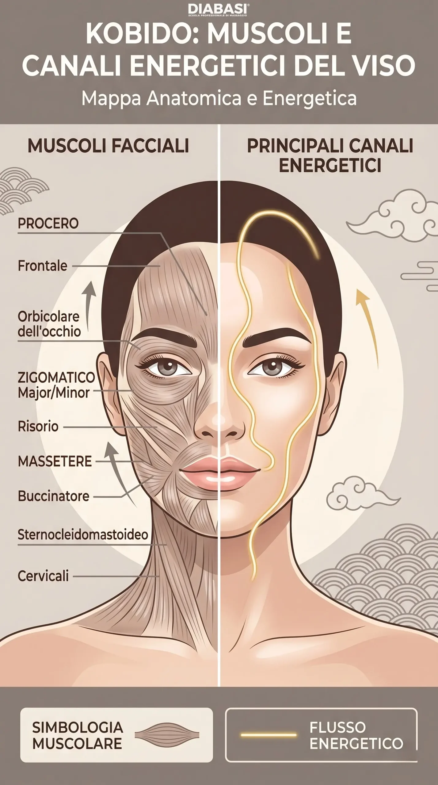 Infografica Diabasi del Massaggio Kobido: mappa anatomica dei muscoli facciali e dei canali energetici per il lifting naturale del viso.