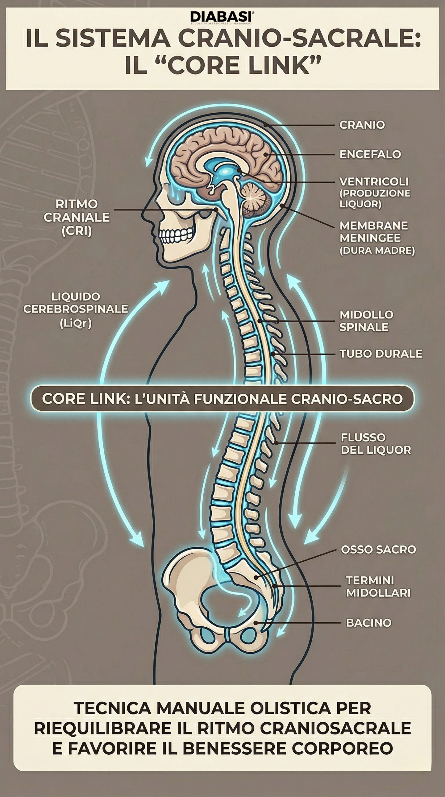 Un'infografica anatomica dettagliata del sistema cranio-sacrale umano (il 'Core Link') che mostra la connessione tra il cranio e l'osso sacro. Evidenzia il flusso del liquido cerebrospinale (liquor) lungo la colonna vertebrale e il tubo durale.