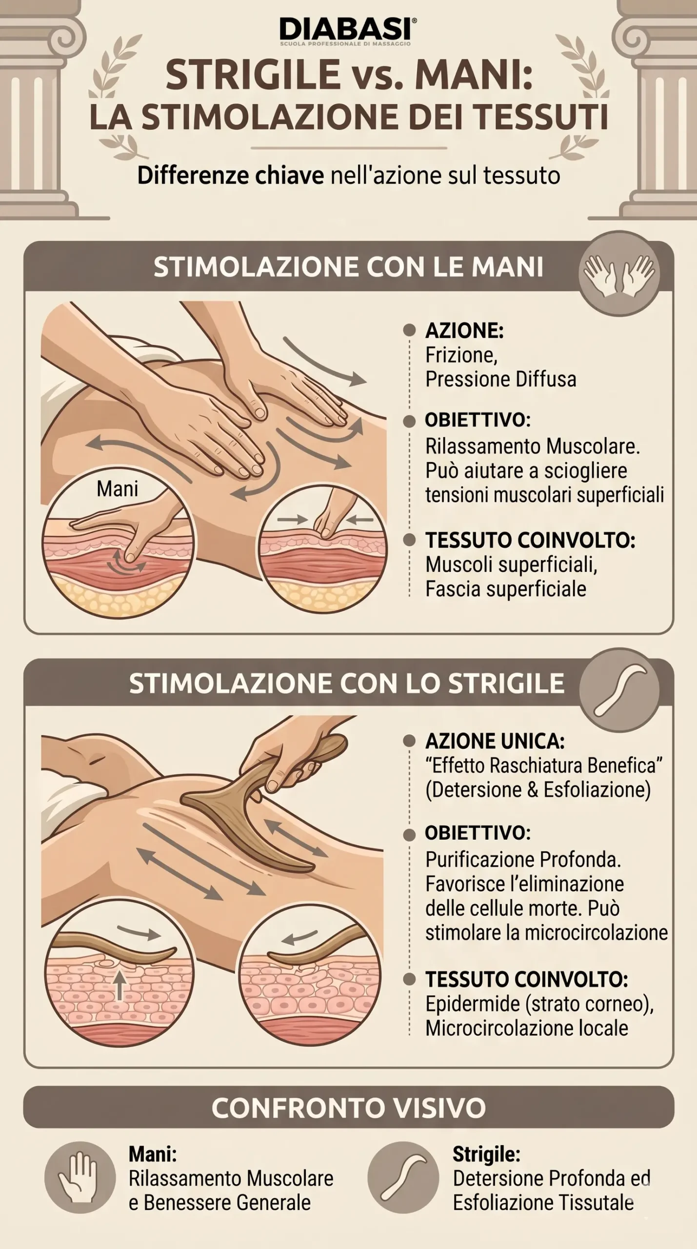 Infografica che confronta l'azione delle mani e dello strigile nell'Antico Massaggio Termale Romano: differenze su stimolazione tessutale, esfoliazione e purificazione profonda.
