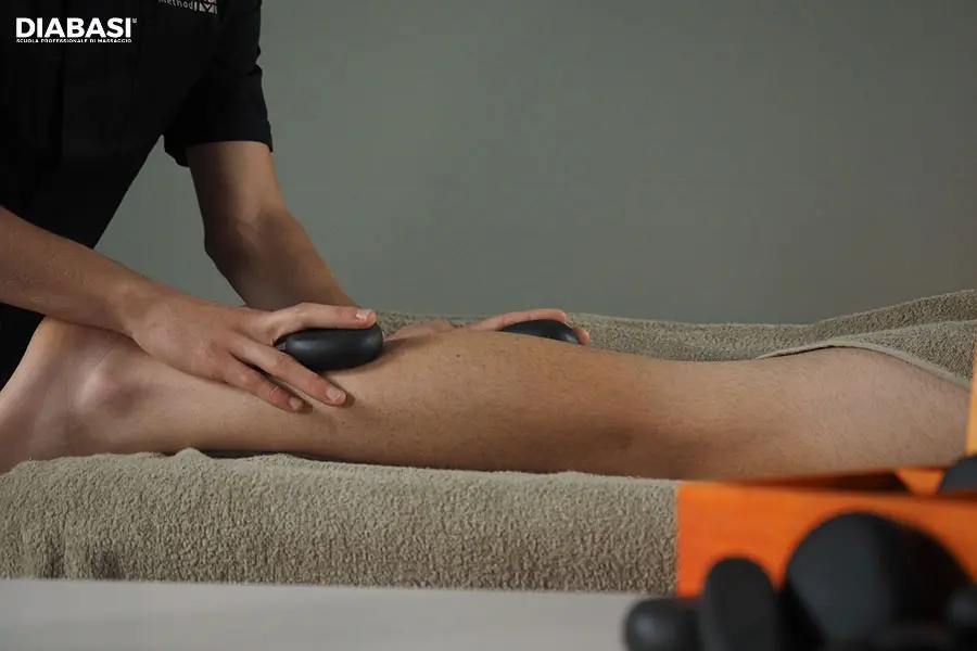 Un operatore qualificato, esegue manualità dinamiche di Massaggio Hot Stone sulla gamba di un cliente. Utilizza contemporaneamente diverse pietre laviche basaltiche calde per favorire la distensione muscolare e la termoterapia.