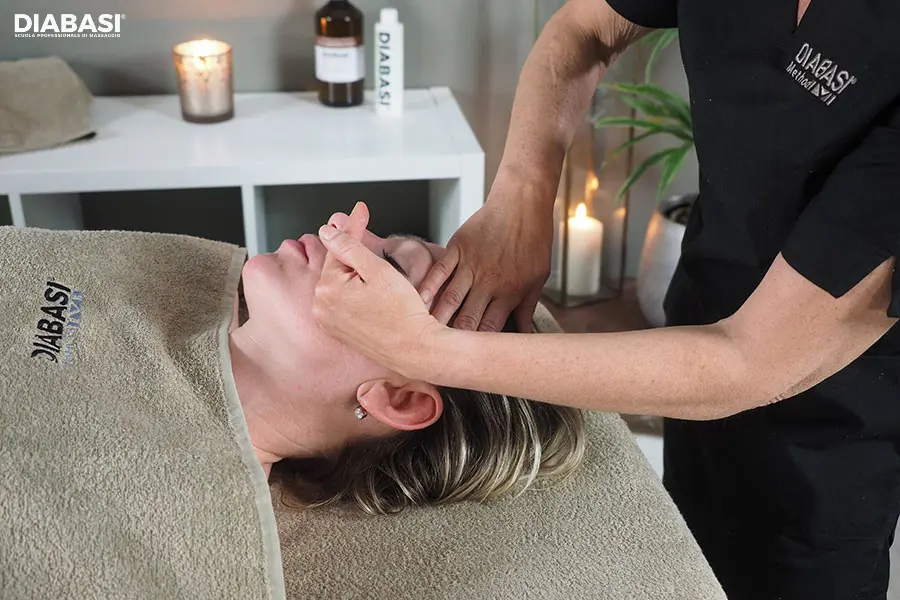 Un operatore professionista di massaggio Kobido Diabasi che esegue manovre specifiche di lifting naturale sul viso di un cliente rilassato. Diabasi Scuola professionale di massaggio.