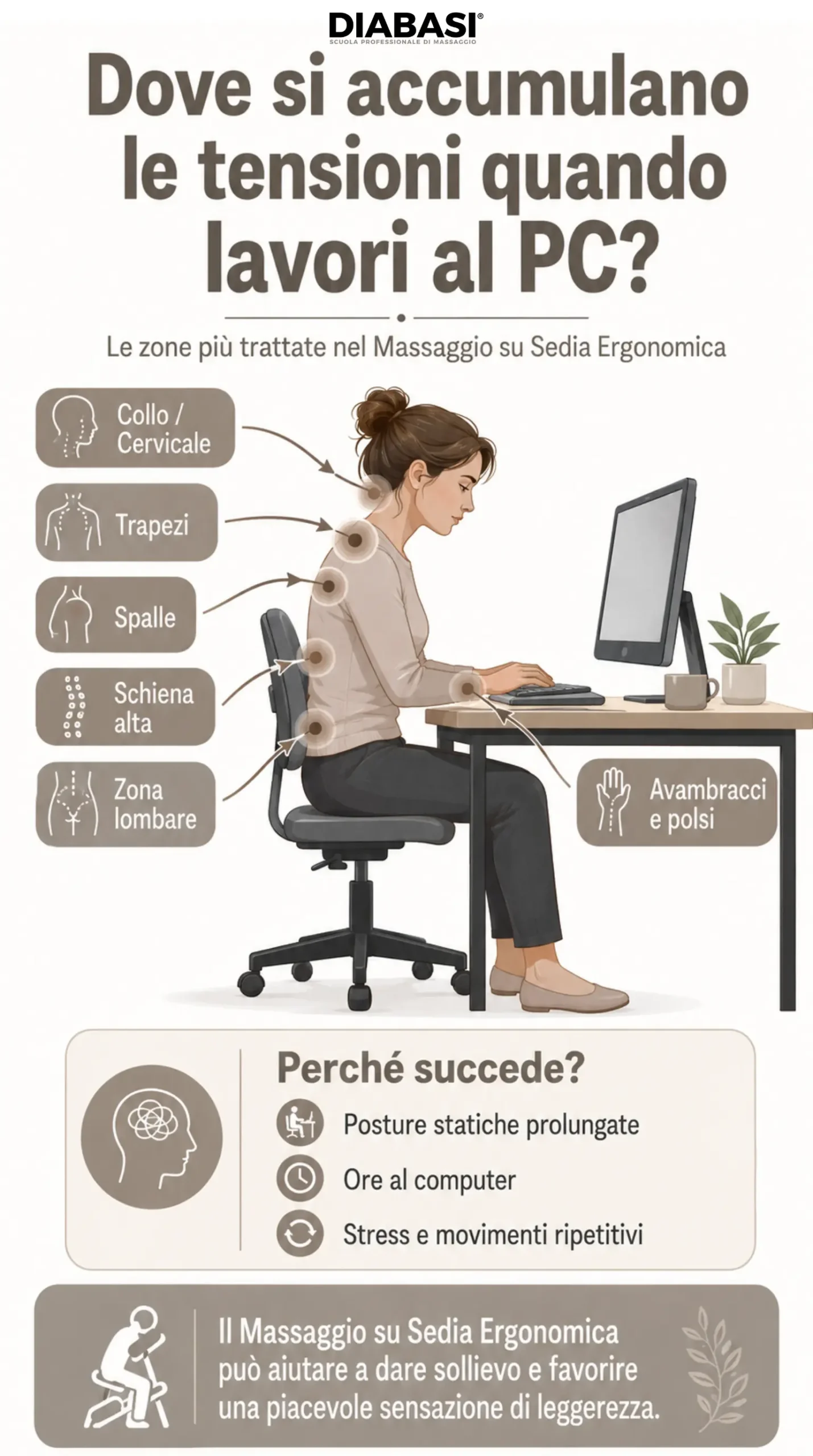 Infografica sulle zone di tensione trattate nel massaggio su sedia ergonomica durante il lavoro al PC. Diabasi Scuola professionale di Massaggio