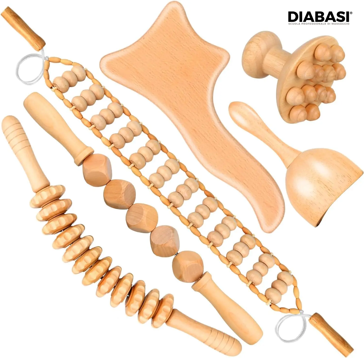 Kit completo di strumenti ergonomici in legno naturale per maderoterapia e massaggio rimodellante corpo professionale.