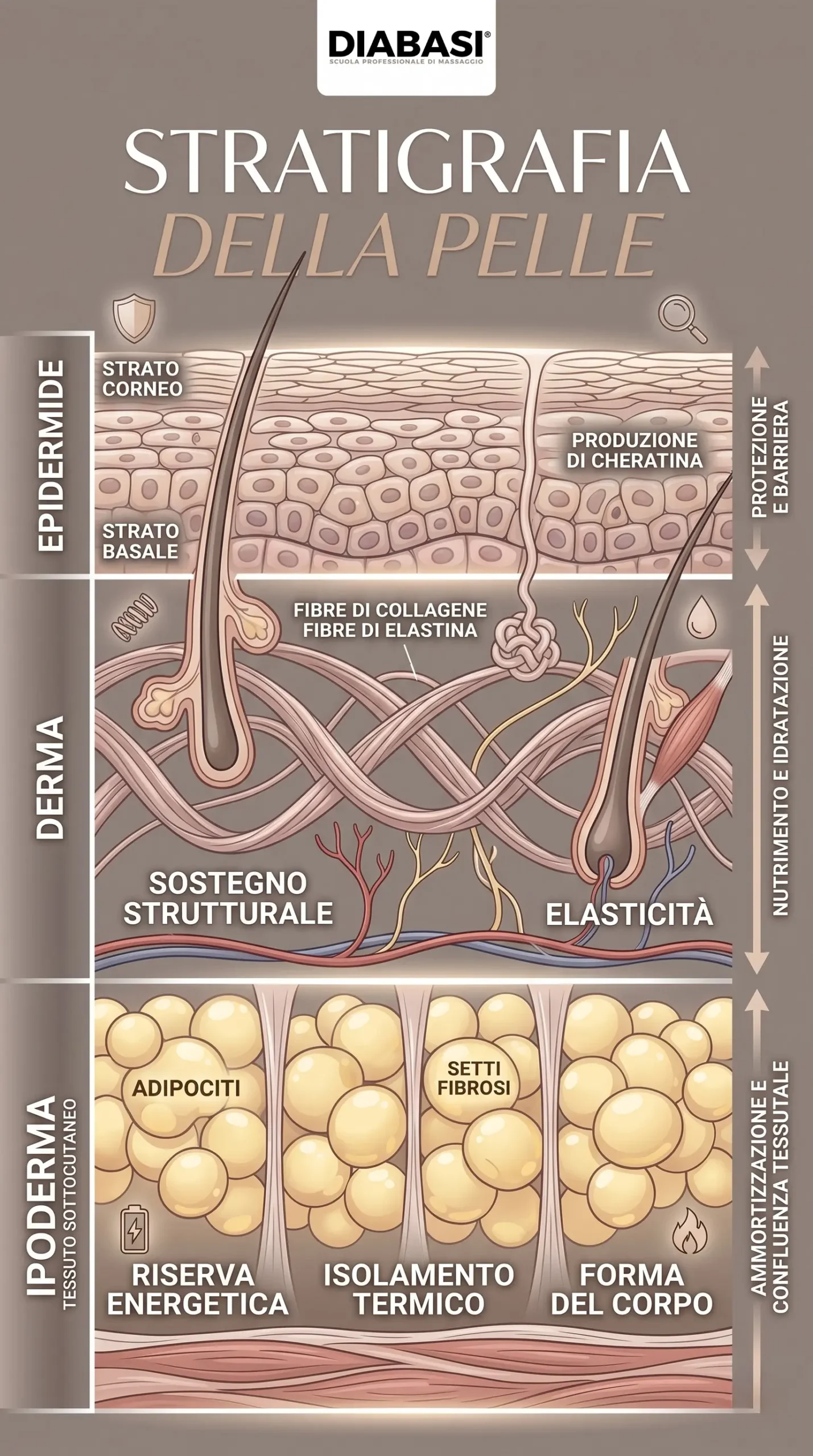 Infografica anatomica verticale della stratigrafia della pelle con focus su epidermide, derma e ipoderma con adipociti e setti fibrosi per massaggio rimodellante.
