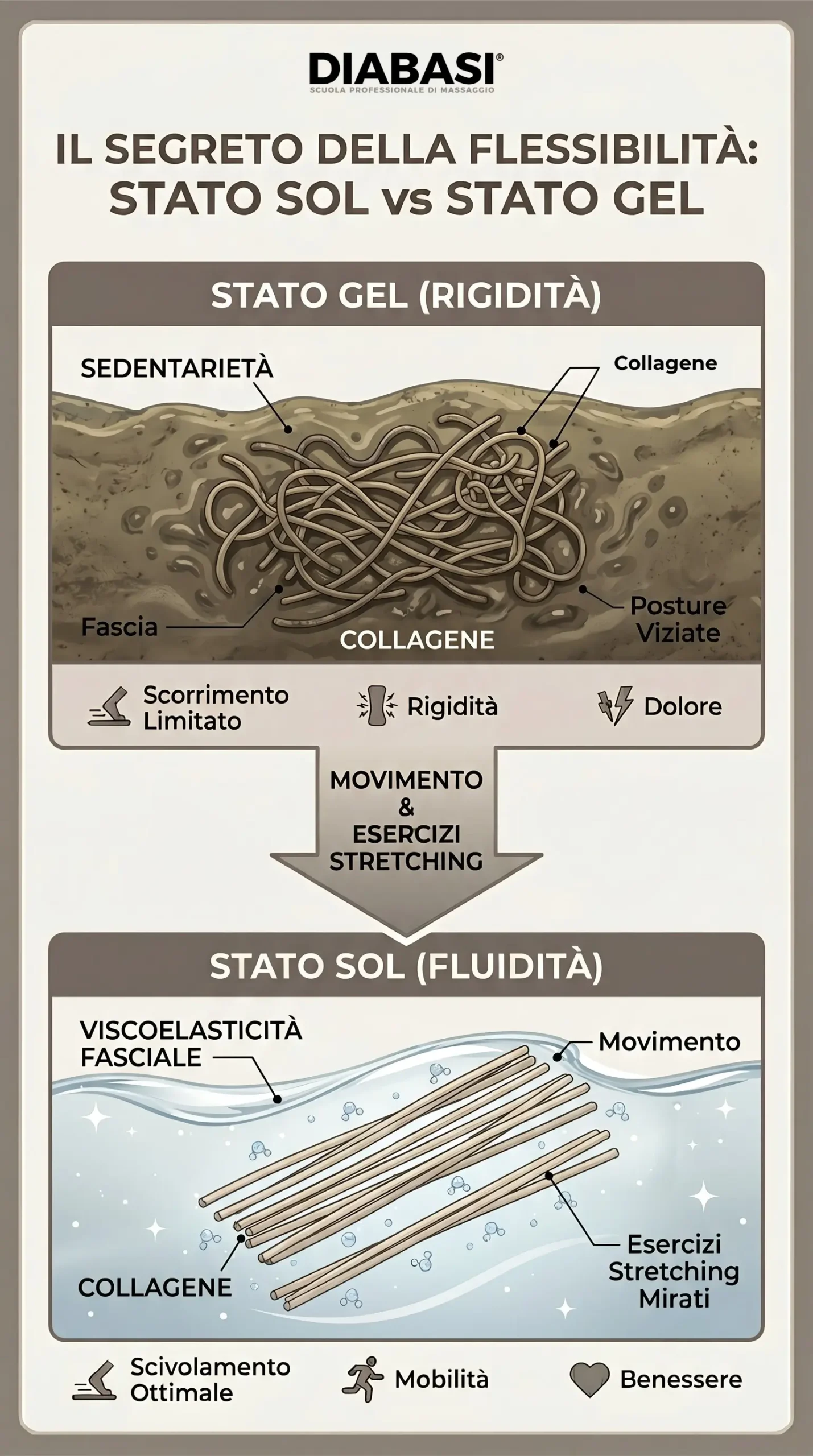 Infografica esplicativa sulla biomeccanica degli esercizi stretching: differenze tra lo stato GEL di rigidità tessutale e lo stato SOL di ottimale fluidità fasciale. Diabasi scuola professionale di massaggio