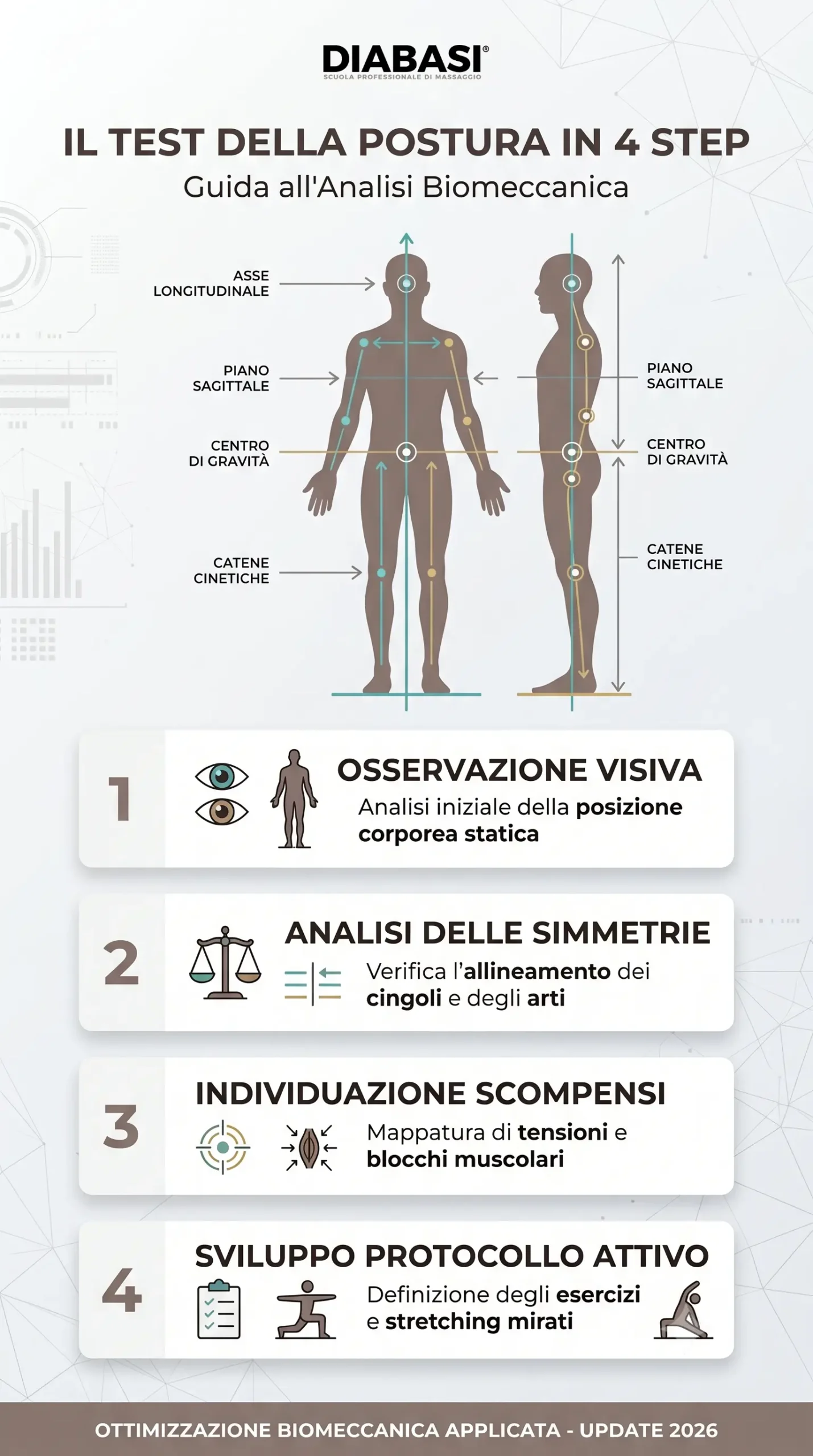 Infografica sui 4 step per l'analisi posturale tramite il metodo di Biomeccanica Applicata. diabasi scuola professionale di massaggio