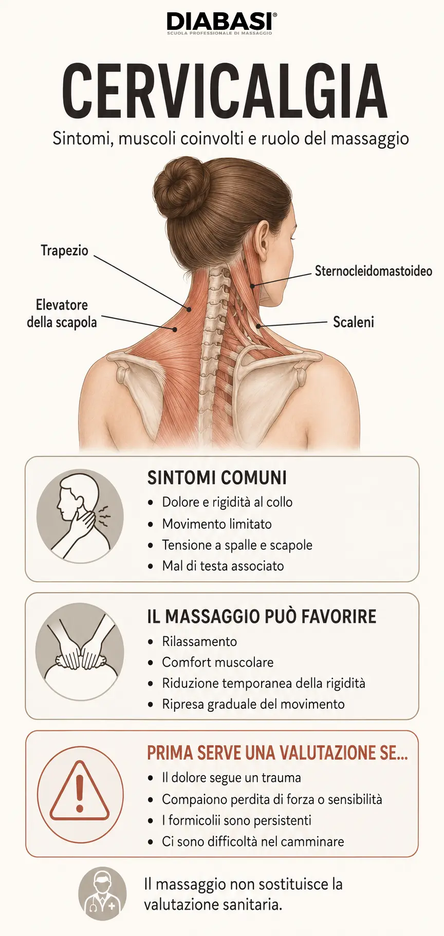Infografica sulla cervicalgia con sintomi comuni, muscoli del collo coinvolti, possibili benefici del massaggio e segnali che richiedono una valutazione sanitaria.