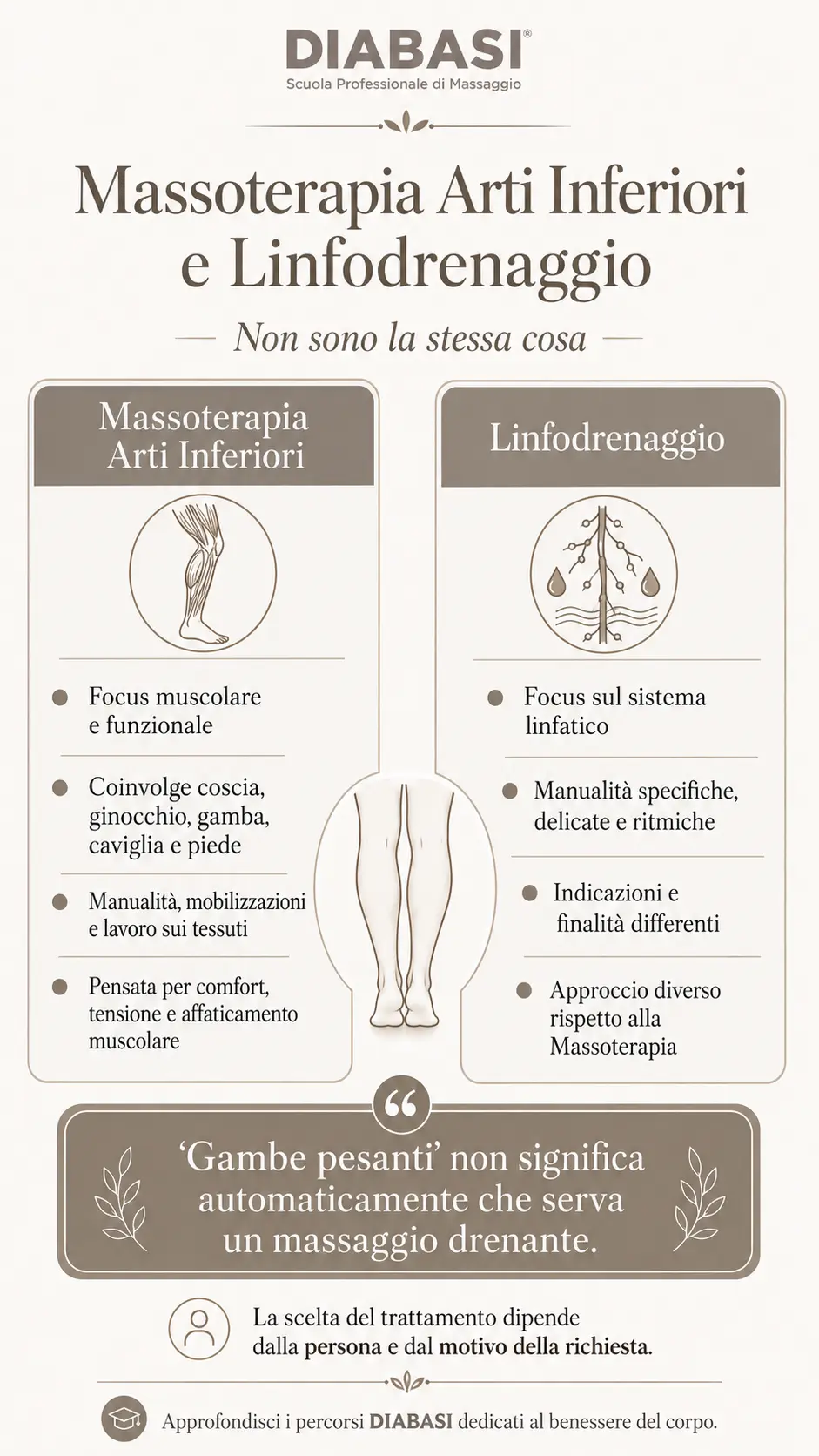 Infografica sulle differenze tra Massoterapia degli Arti Inferiori e Linfodrenaggio per le gambe