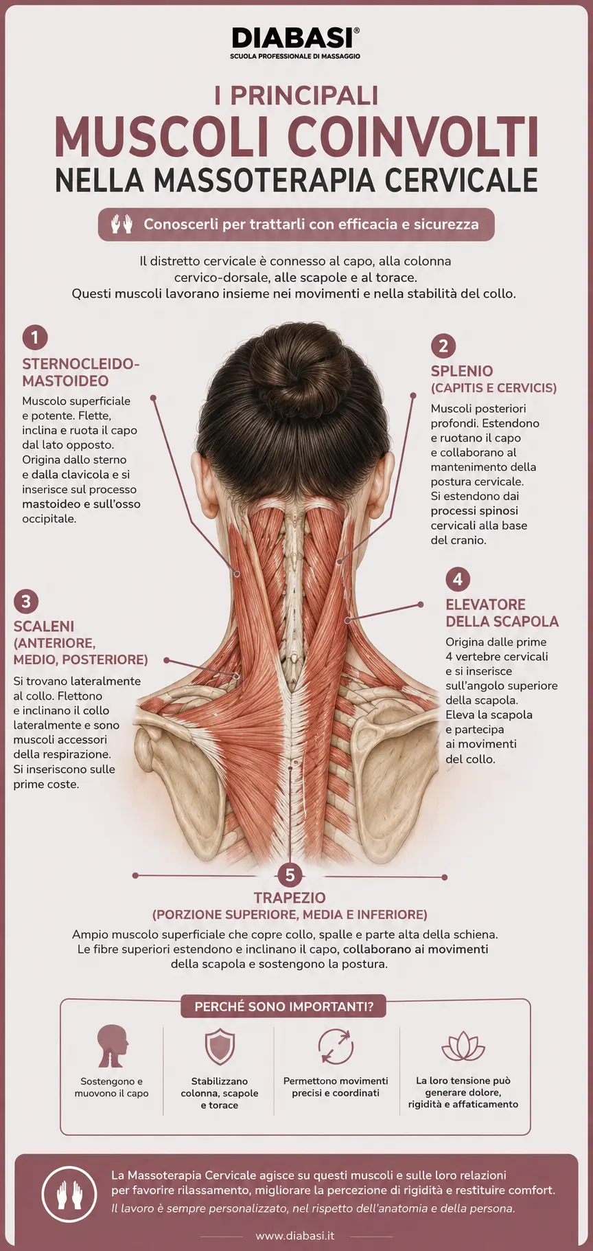 Infografica sui principali muscoli coinvolti nella Massoterapia Cervicale: sternocleidomastoideo, splenio, scaleni, elevatore della scapola e trapezio. Diabasi Scuola Professionale di Massaggio