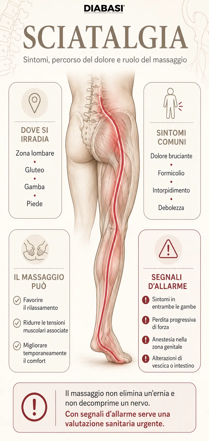Infografica sulla sciatalgia con percorso del dolore dalla zona lombare al piede, sintomi comuni, ruolo del massaggio e segnali d’allarme.