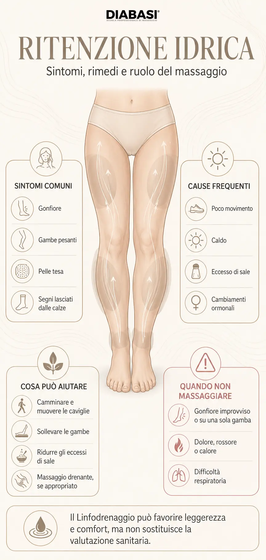 Infografica sulla ritenzione idrica con sintomi, cause frequenti, rimedi, ruolo del massaggio drenante e segnali d’allarme.