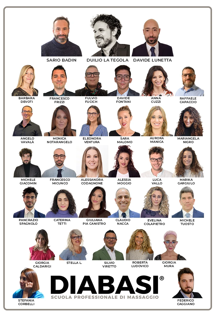 Foto di gruppo dello staff e del team della Scuola Professionale di Massaggio Diabasi (ottobre 2026).